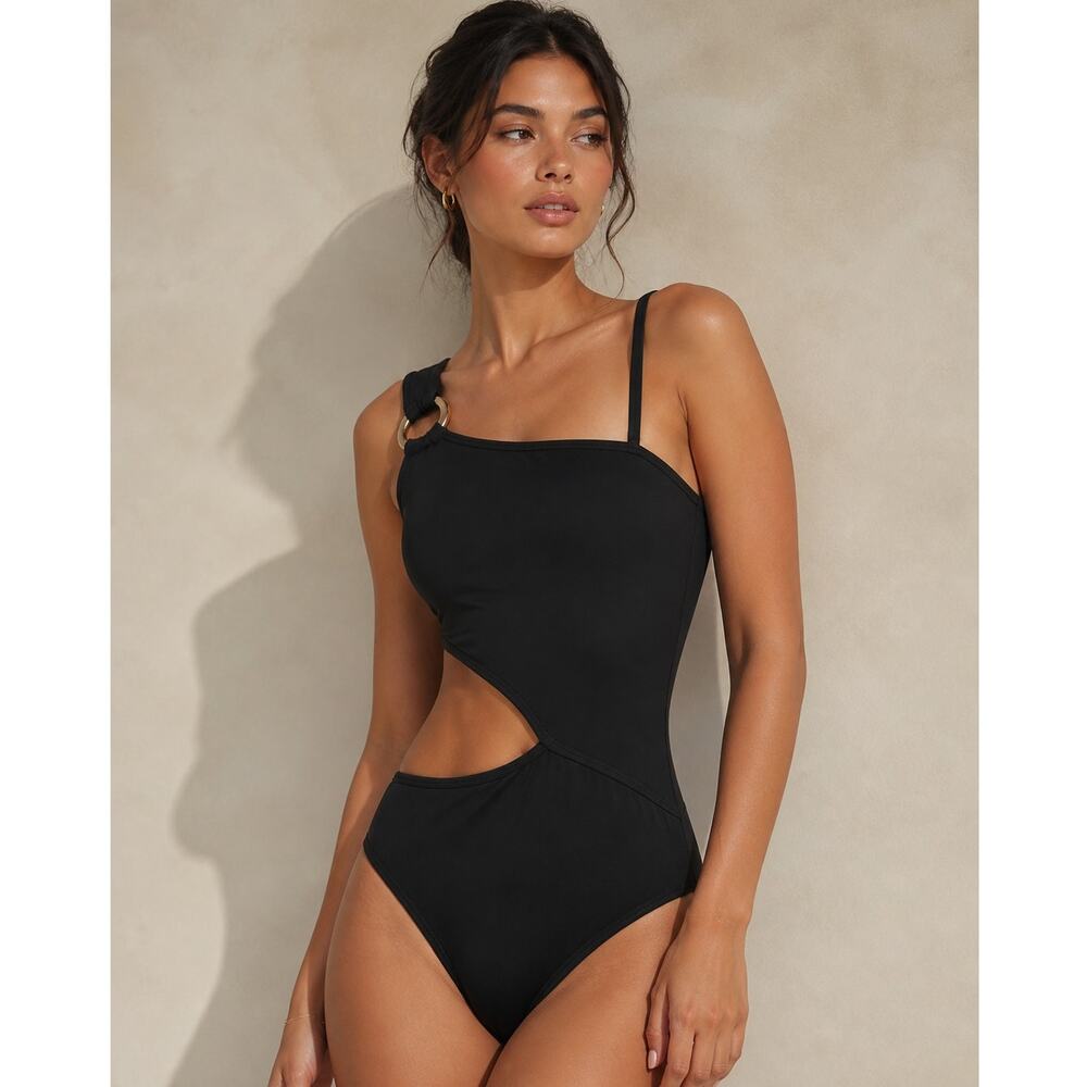 BANANA REPUBLIC Black Asymmetrical Cut Out One Piece Swimsuit Size Large NWT